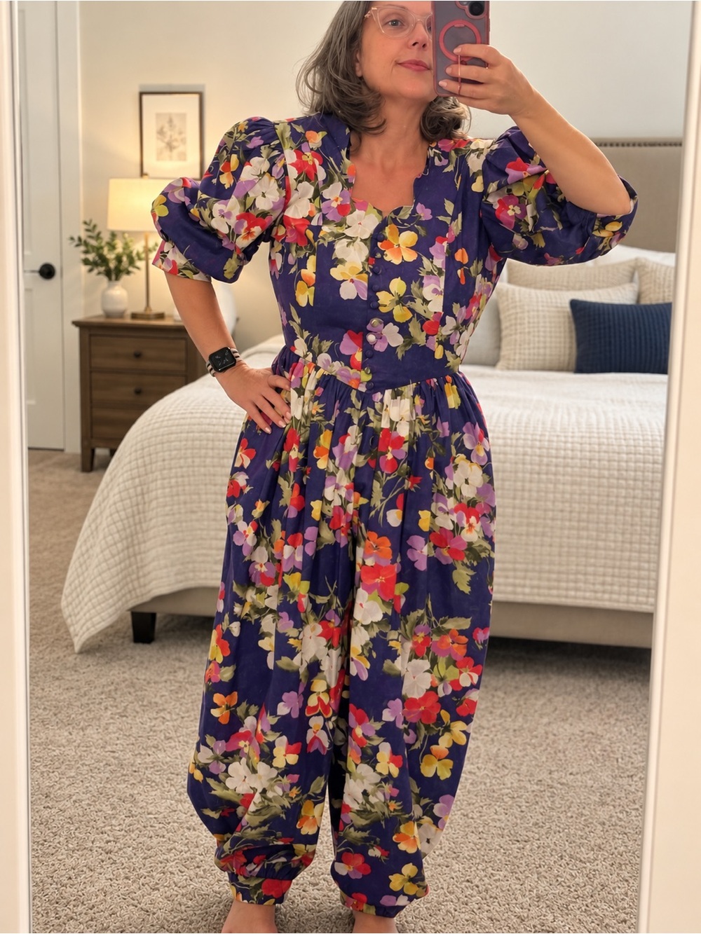 Vintage 1980s Sprouts Vicky Vaughn Floral Cotton Jumpsuit Sz 5/6 USA Cottagecore